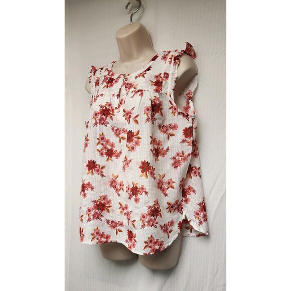 Loft Zinnia Ruffle Sleeve Split Neck Shell Red/Cream Size Large - Picture 5 of 10